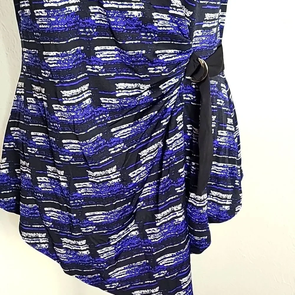 Mandy Evans Navy, Black & White Print Top, Aysemetrical Hem with Belt, Sz Large - Picture 4 of 9